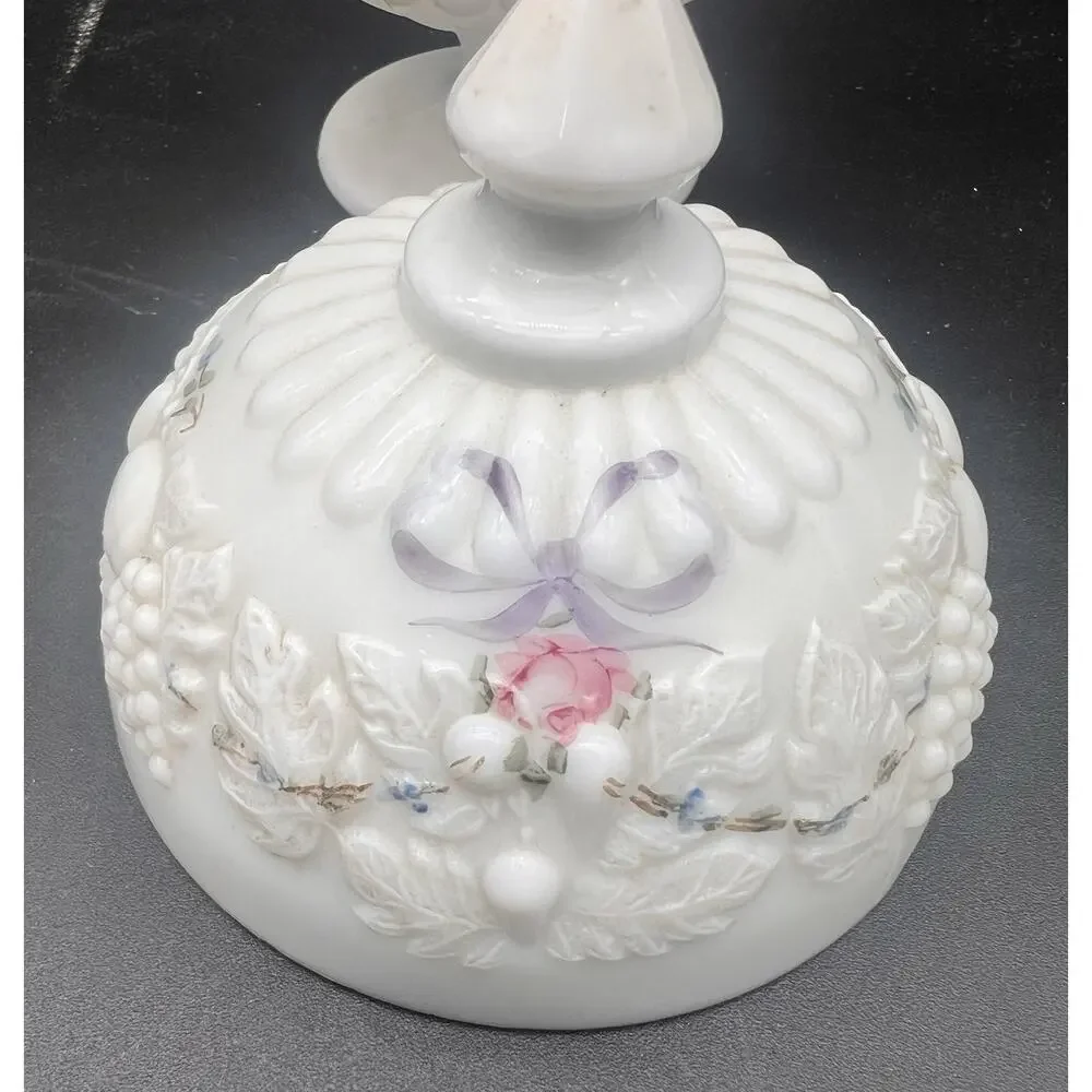 Vintage Westmoreland Milk Glass Round Candy Dish Hand Painted Roses & Bows